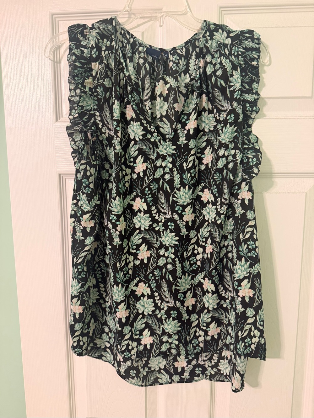 Kaari Blue Black Floral Ruffle-Sleeve Blouse with Mint & Pink Accents